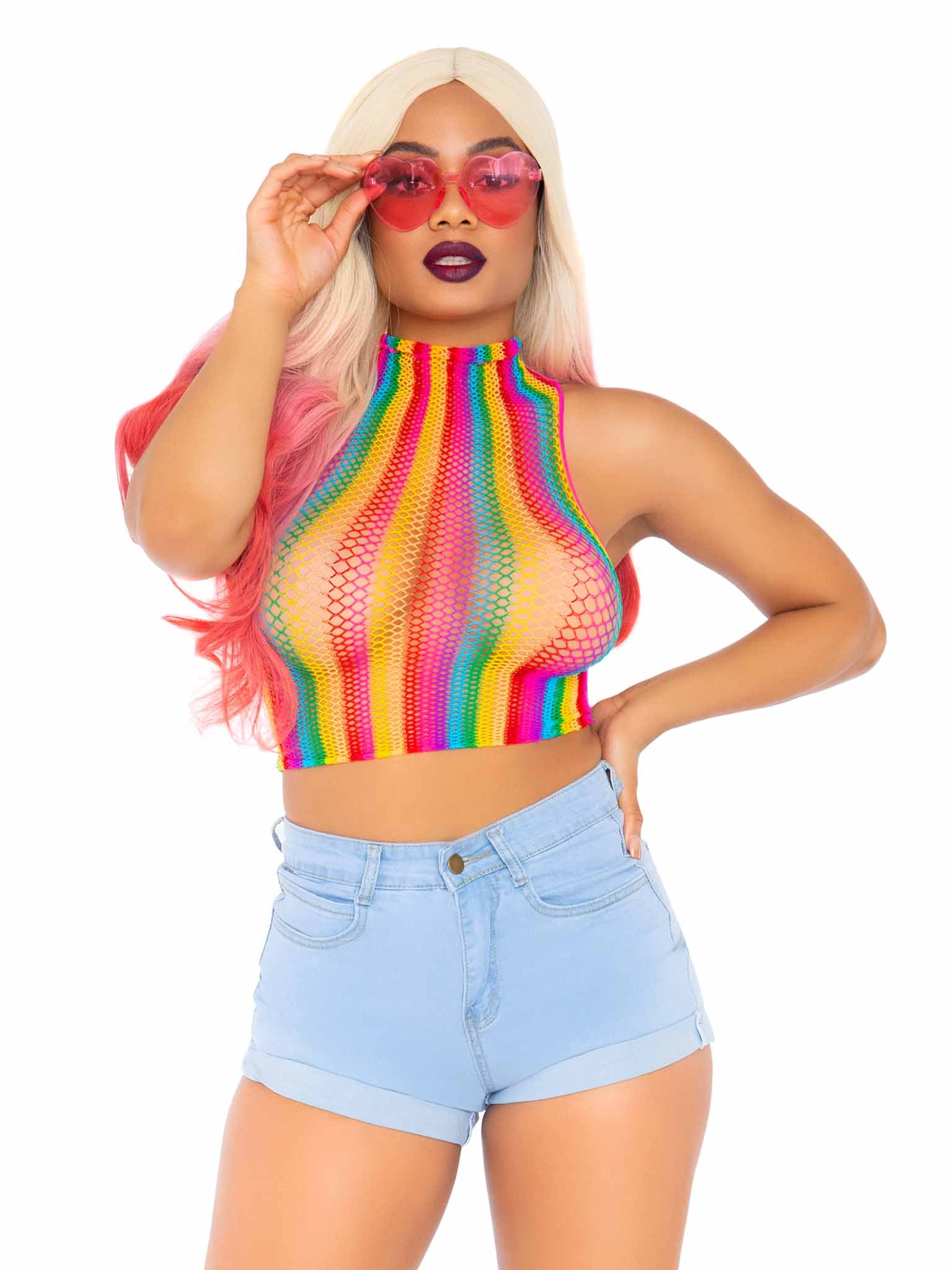 High Voltage Rainbow Fishnet Crop Top - Image 3