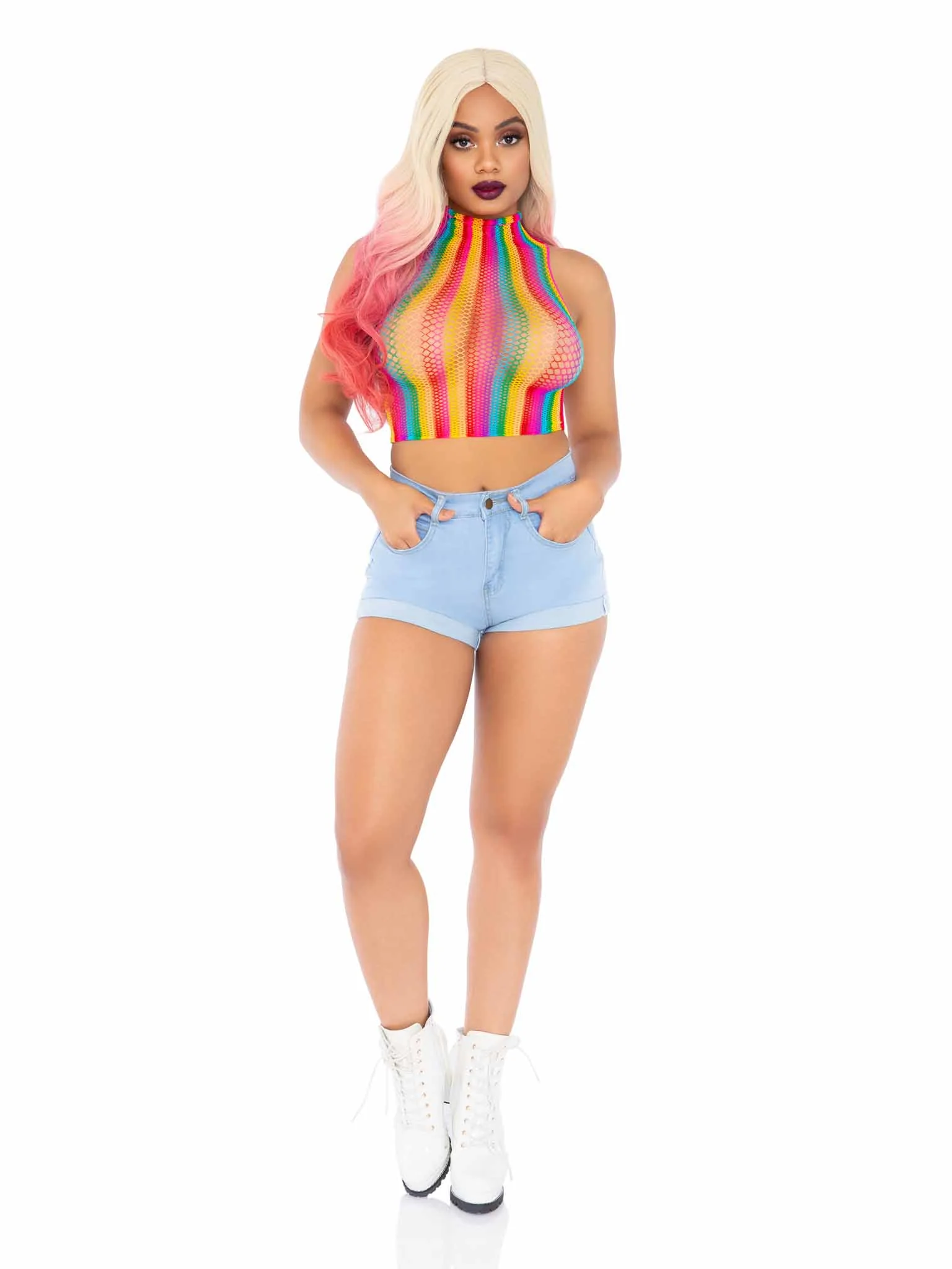 High Voltage Rainbow Fishnet Crop Top - Image 4