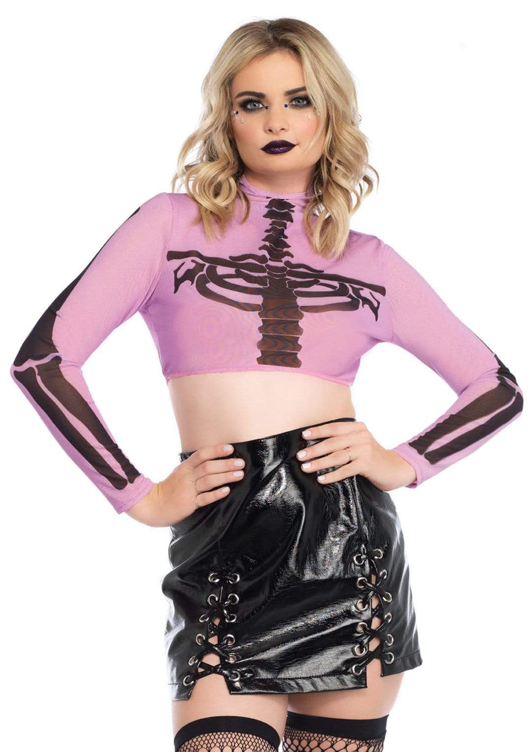 Skeleton High Neck Long Sleeve Mesh Crop Top - Image 3